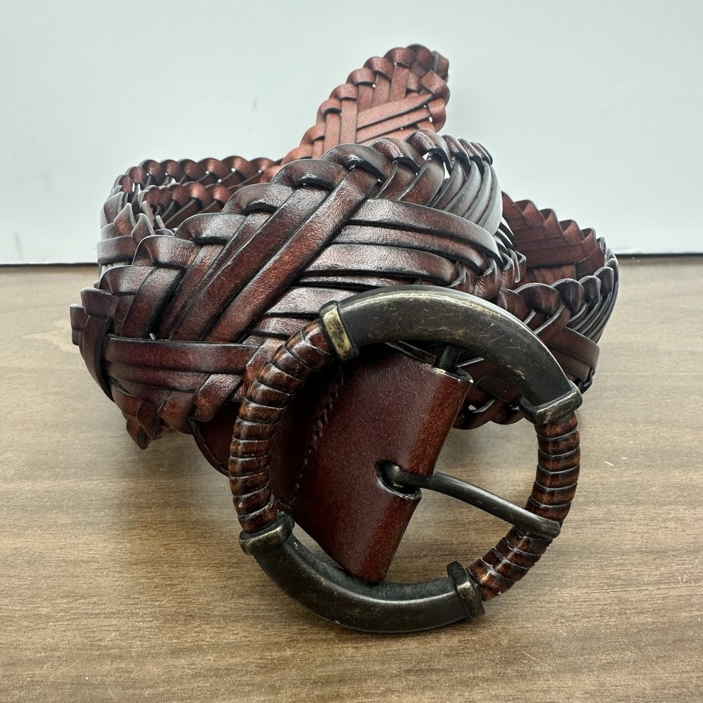 Genuine Leather L Braided Leather Belt Brown Boho Western Urban Cowgirl Brass 44